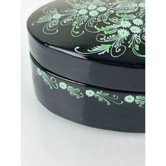 Vintage Green Teal Black Lacquer Oval Trinket Box Floral Pretty Home Decor Vanit - Picture 4 of 14